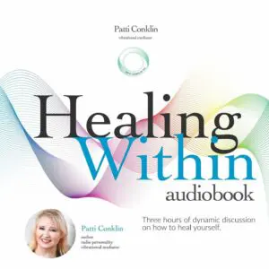 Audiobook cover with colorful wave design.