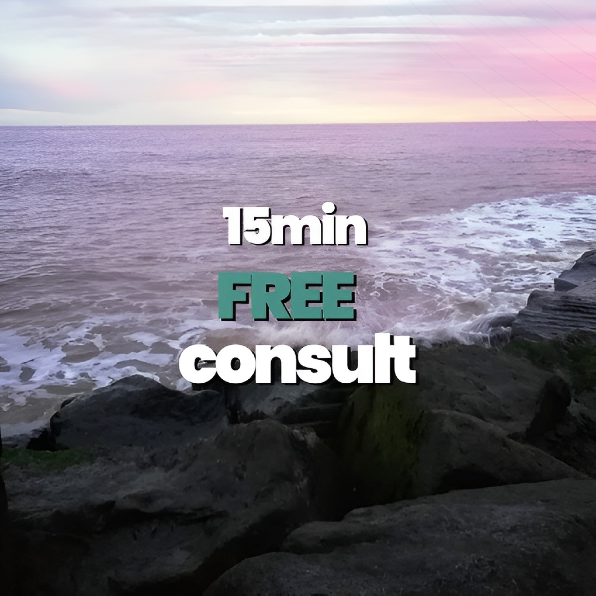 Ocean view with "15min free consult" text.